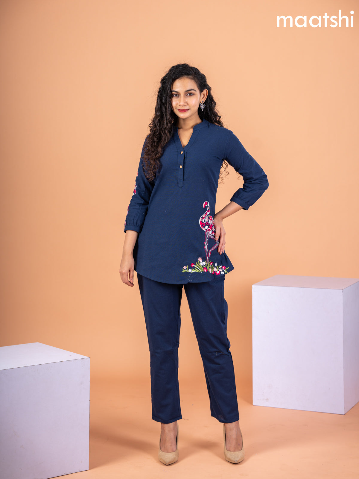 Cotton co-ord set navy blue with embroidery work & simple neck pattern and straight cut pant
