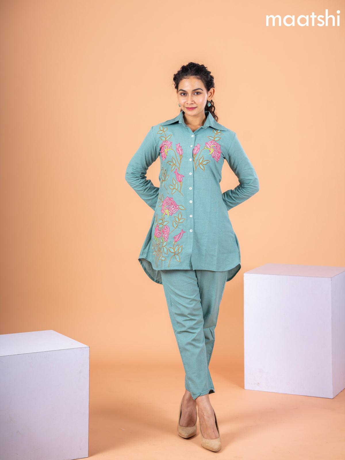 Cotton co-ord set pastel green shade with floral embroidery work & collar neck pattern and straight cut pant