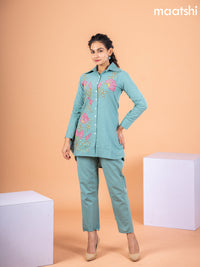Cotton co-ord set pastel green shade with floral embroidery work & collar neck pattern and straight cut pant