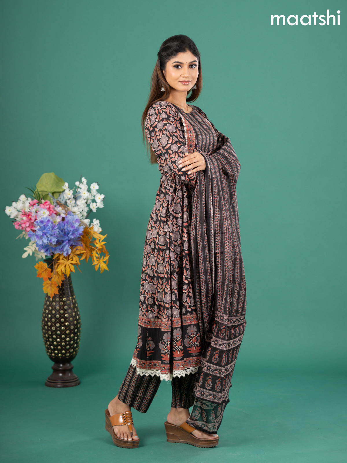 Cotton anarkali salwar suit black with allover kalamkari prints & patch work neck pattern and straight cut pant & dupatta