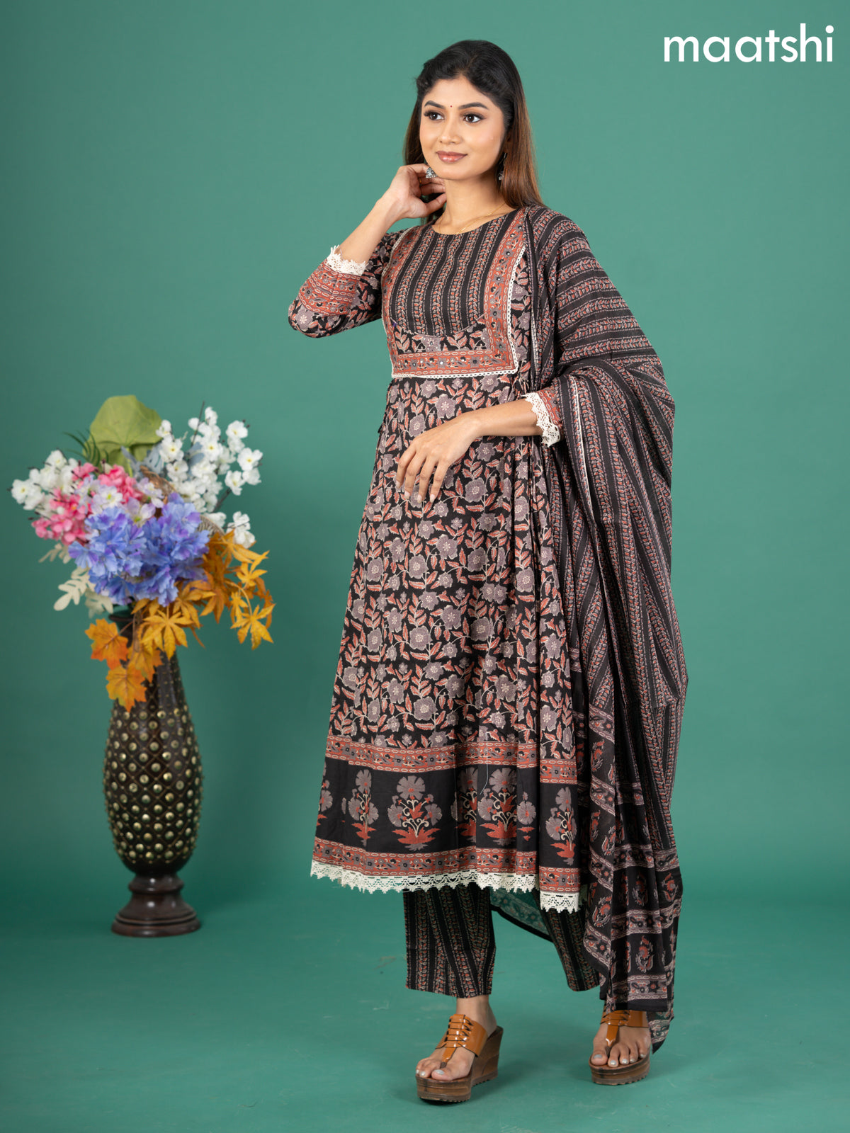 Cotton anarkali salwar suit black with allover kalamkari prints & patch work neck pattern and straight cut pant & dupatta