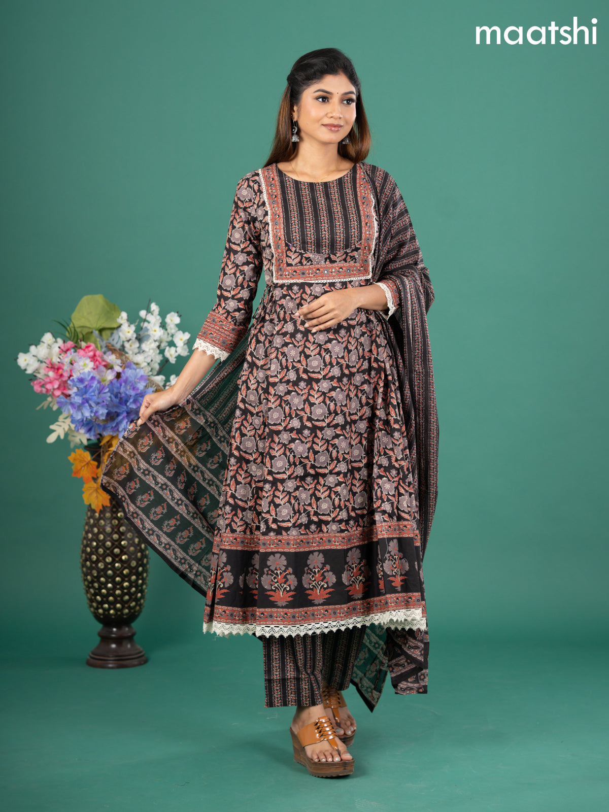 Cotton anarkali salwar suit black with allover kalamkari prints & patch work neck pattern and straight cut pant & dupatta