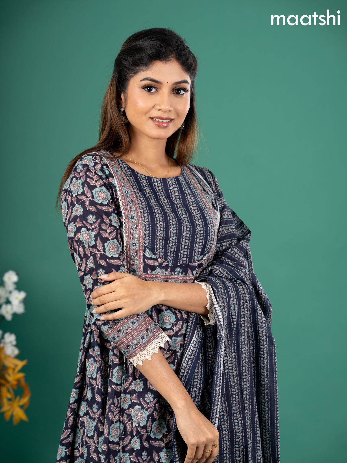 Cotton anarkali salwar suit navy blue with allover kalamkari prints & patch work neck pattern and straight cut pant & dupatta