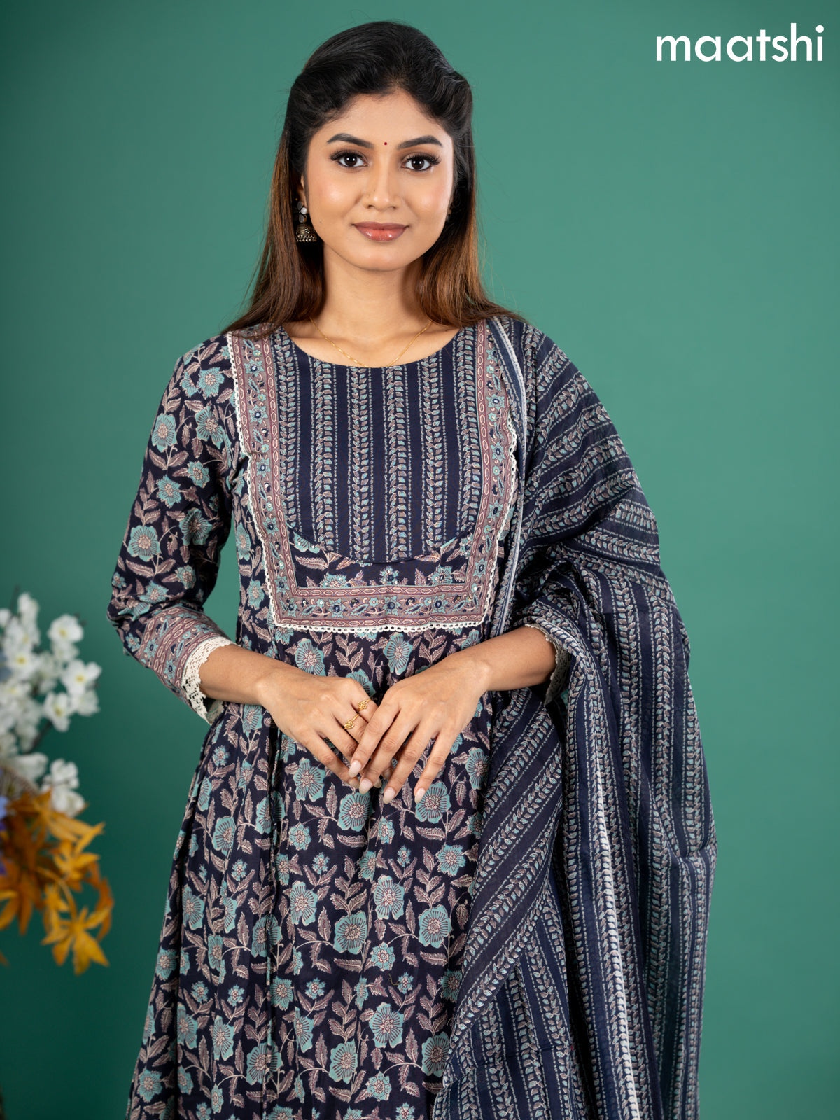 Cotton anarkali salwar suit navy blue with allover kalamkari prints & patch work neck pattern and straight cut pant & dupatta