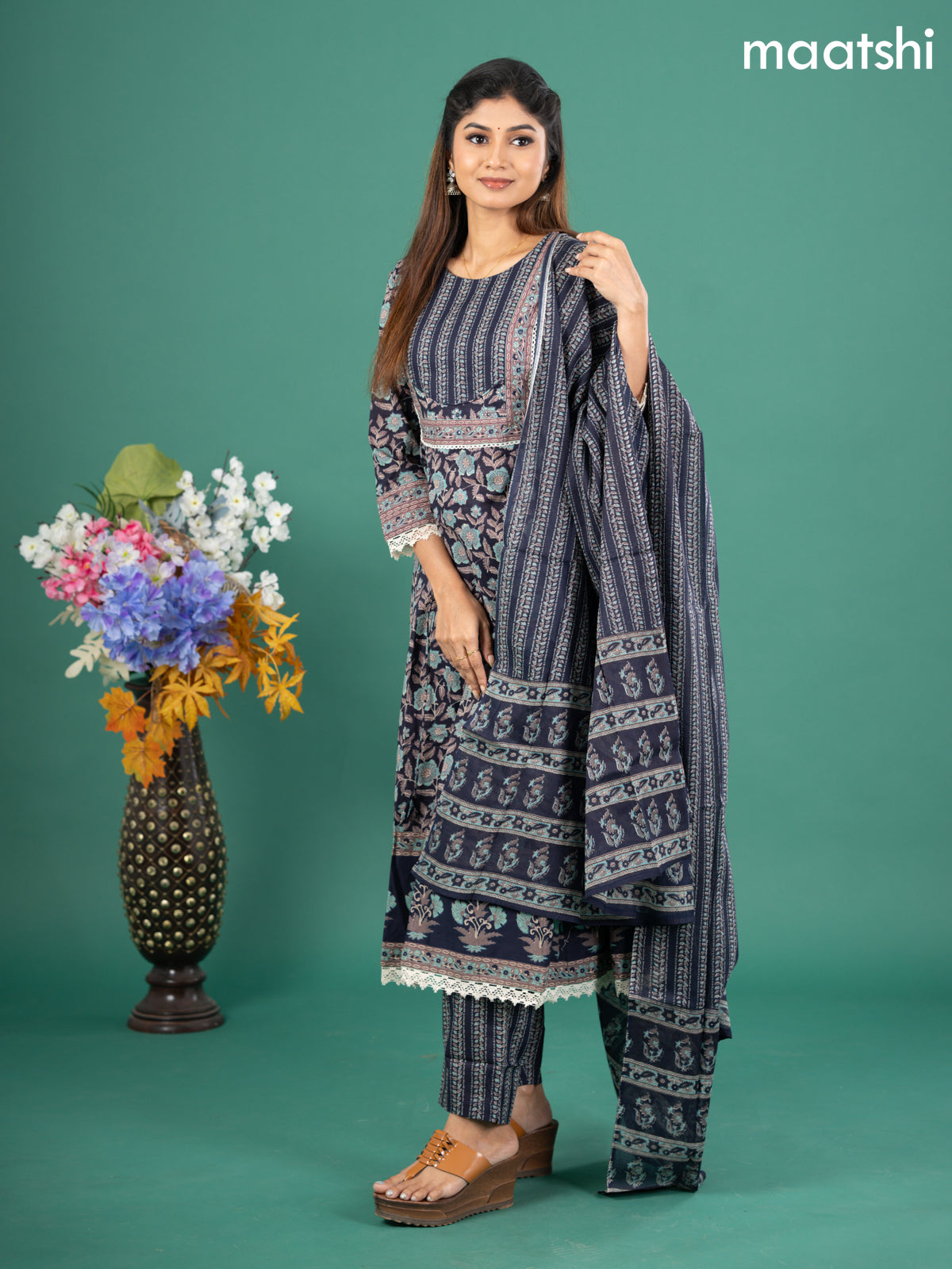 Cotton anarkali salwar suit navy blue with allover kalamkari prints & patch work neck pattern and straight cut pant & dupatta