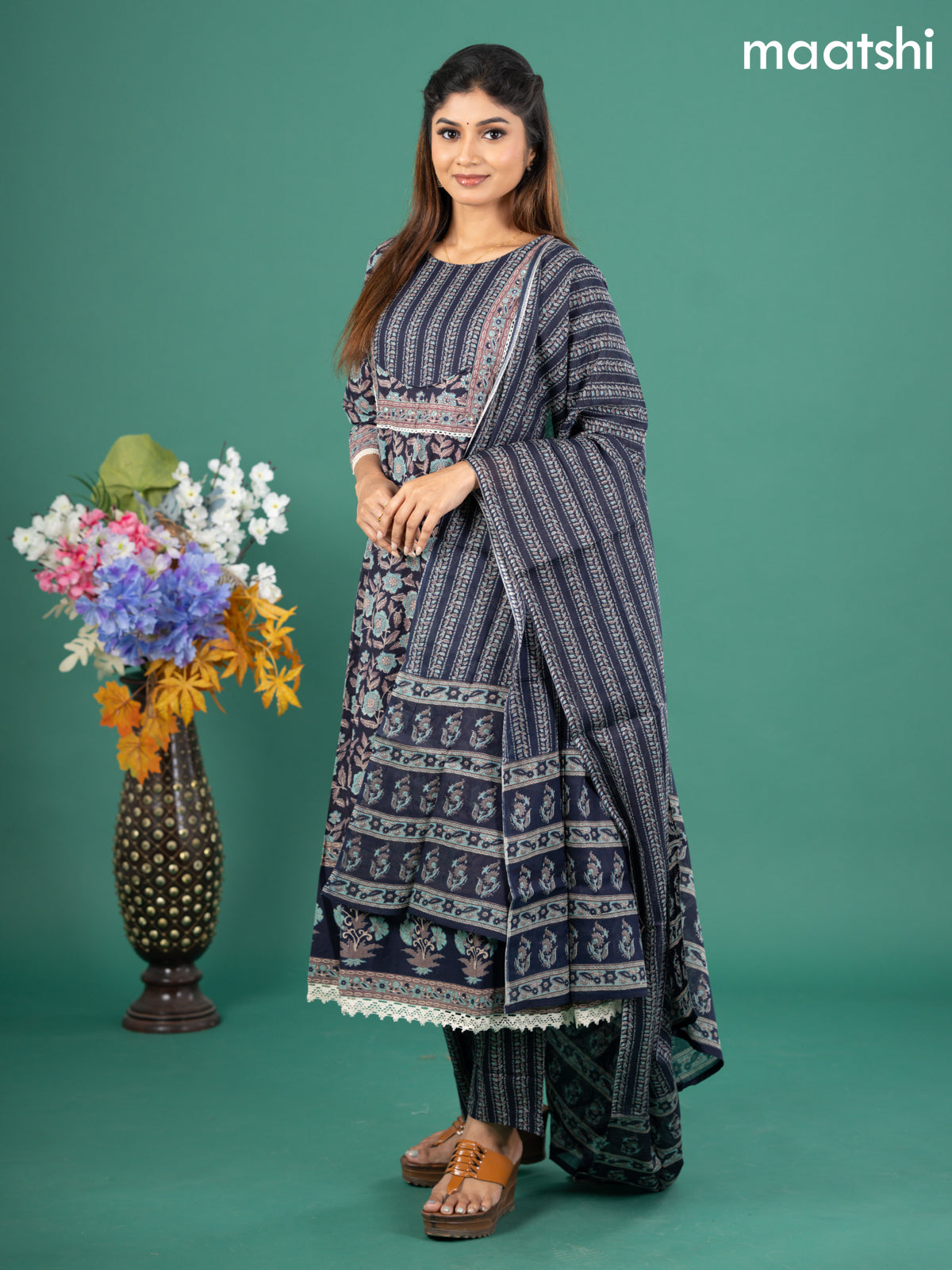 Cotton anarkali salwar suit navy blue with allover kalamkari prints & patch work neck pattern and straight cut pant & dupatta