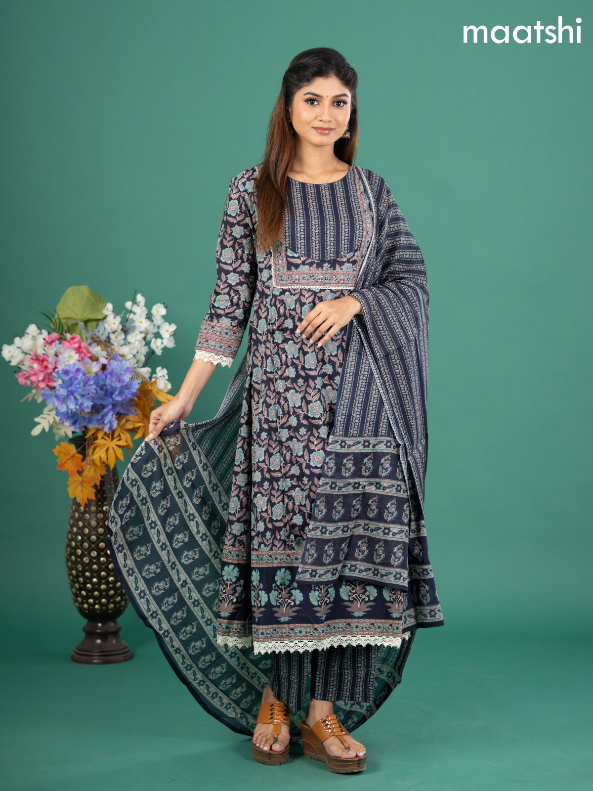 Cotton anarkali salwar suit navy blue with allover kalamkari prints & patch work neck pattern and straight cut pant & dupatta