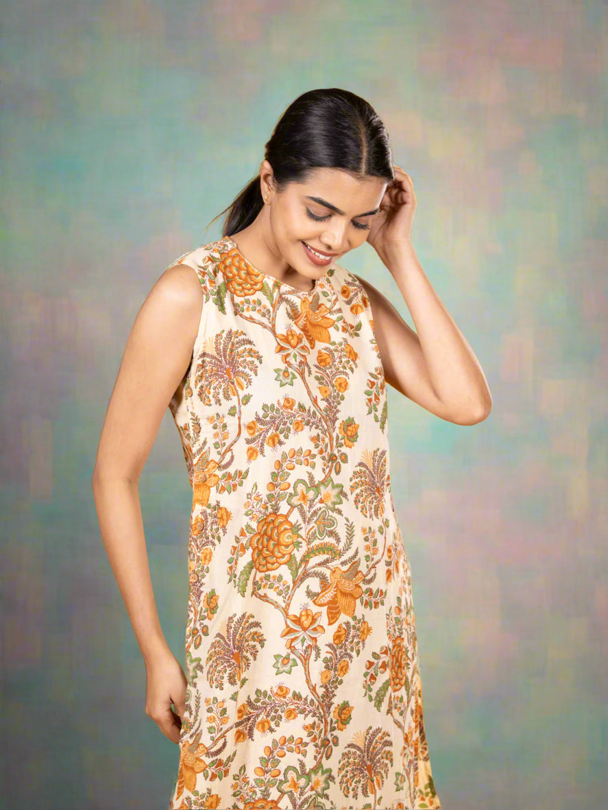Cotton co-ord set cream and multi colour with allover kalamkari prints & sleeve attached and straight cut pant