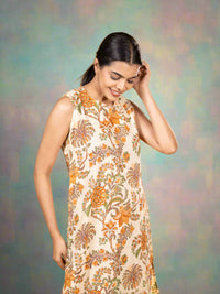 Cotton co-ord set cream and multi colour with allover kalamkari prints & sleeve attached and straight cut pant