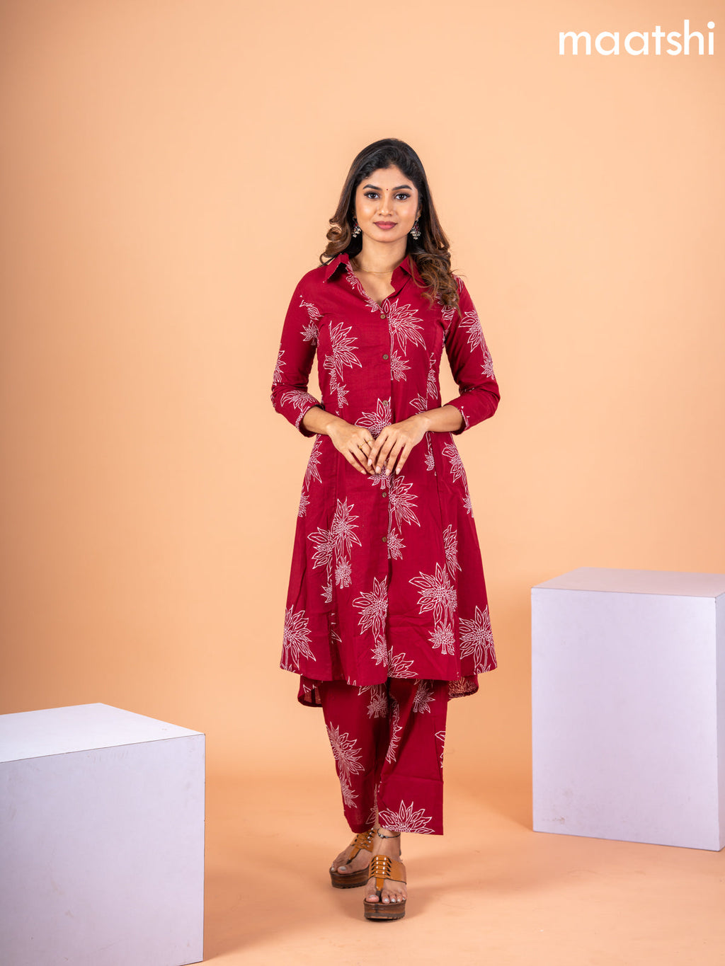 Cotton co-ord set maroon with floral prints & collar neck pattern and straight cut pant