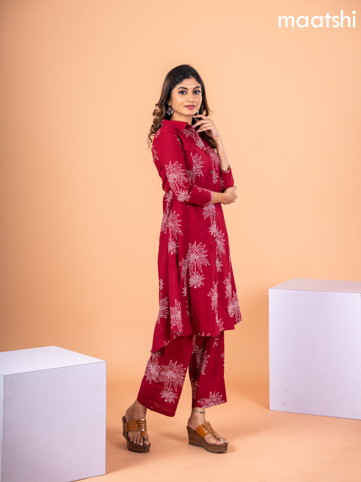 Cotton co-ord set maroon with floral prints & collar neck pattern and straight cut pant