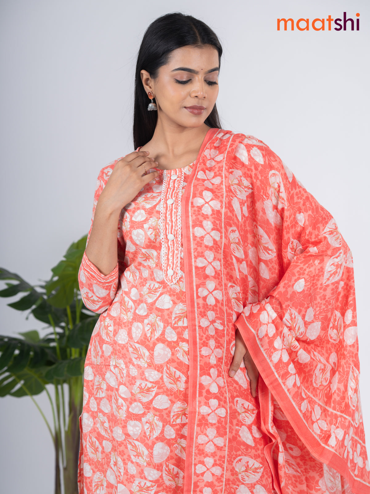 Semi cotton salwar suit pale orange and off white with allover floral prints & lace work simple neck pattern and straight cut pant & dupatta