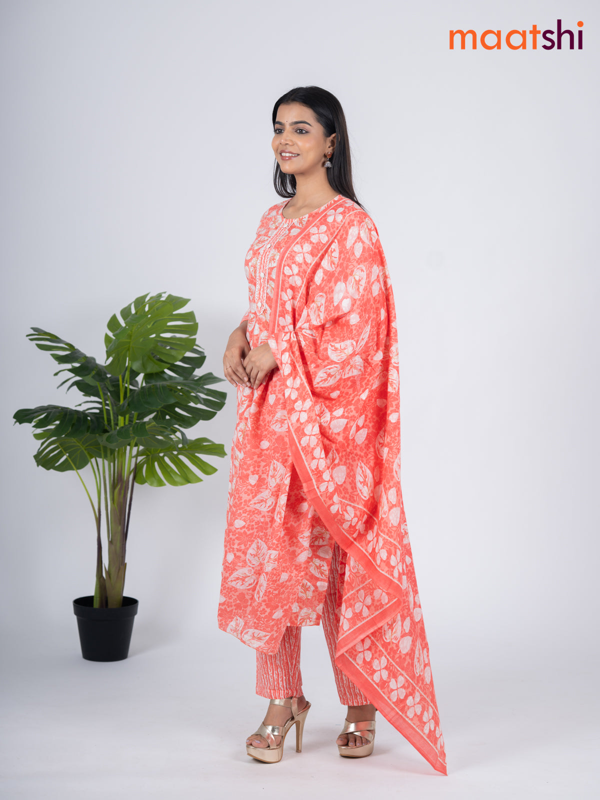Semi cotton salwar suit pale orange and off white with allover floral prints & lace work simple neck pattern and straight cut pant & dupatta