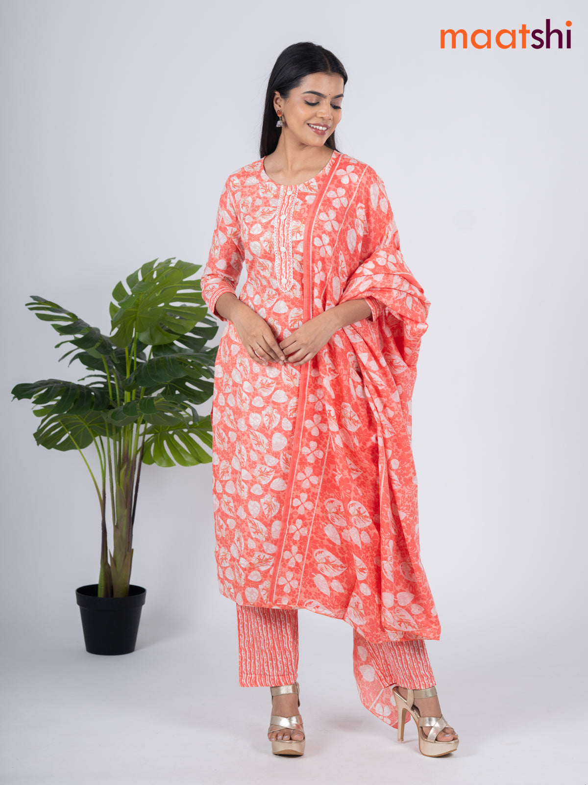 Semi cotton salwar suit pale orange and off white with allover floral prints & lace work simple neck pattern and straight cut pant & dupatta
