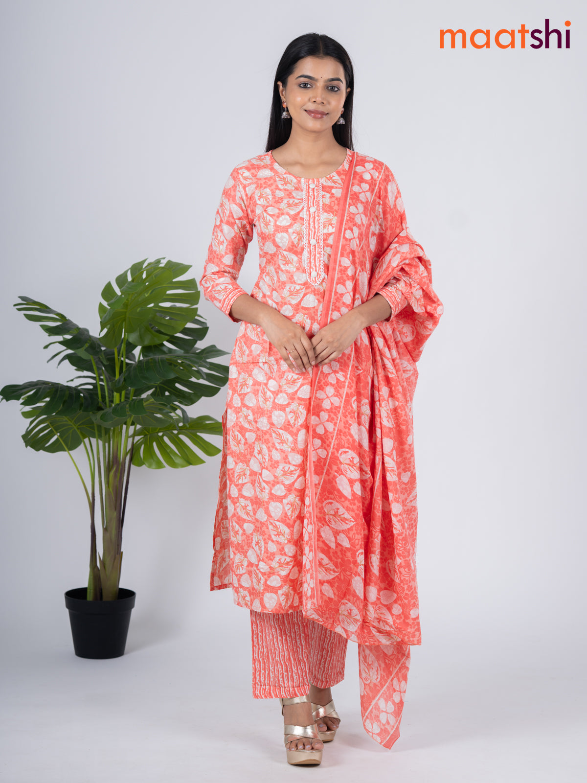 Semi cotton salwar suit pale orange and off white with allover floral prints & lace work simple neck pattern and straight cut pant & dupatta