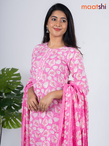 Semi cotton salwar suit light pink and off white with allover floral prints & lace work simple neck pattern and straight cut pant & dupatta