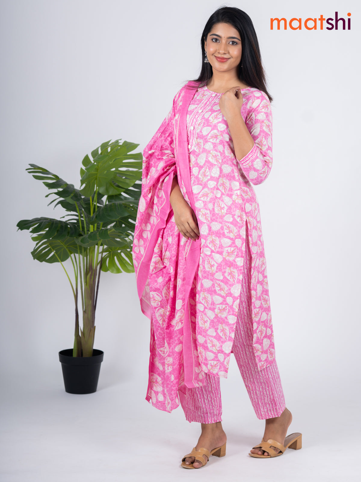 Semi cotton salwar suit light pink and off white with allover floral prints & lace work simple neck pattern and straight cut pant & dupatta