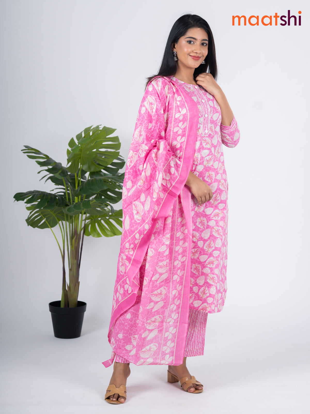 Semi cotton salwar suit light pink and off white with allover floral prints & lace work simple neck pattern and straight cut pant & dupatta