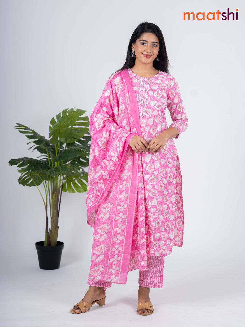 Semi cotton salwar suit light pink and off white with allover floral prints & lace work simple neck pattern and straight cut pant & dupatta