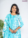 Semi cotton salwar suit light blue and off white with allover floral prints & lace work neck pattern and straight cut pant & dupatta
