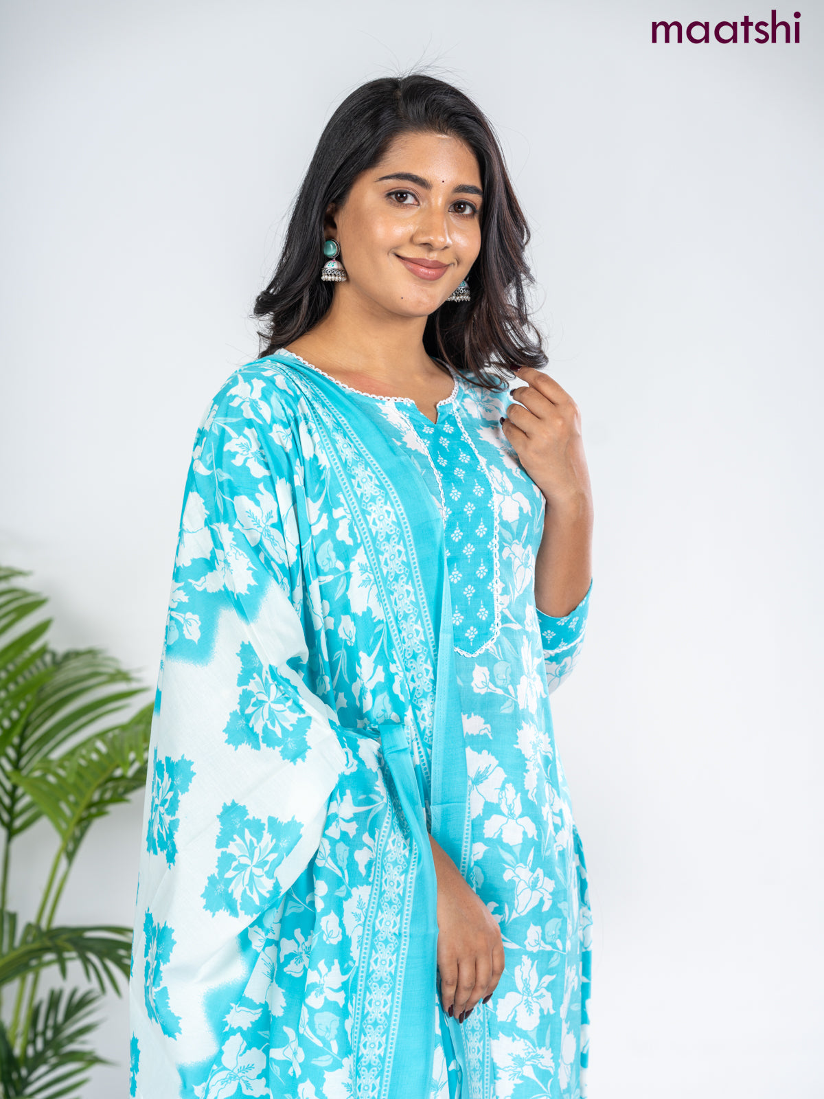 Semi cotton salwar suit light blue and off white with allover floral prints & lace work neck pattern and straight cut pant & dupatta