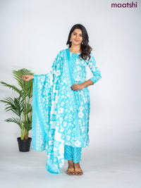 Semi cotton salwar suit light blue and off white with allover floral prints & lace work neck pattern and straight cut pant & dupatta