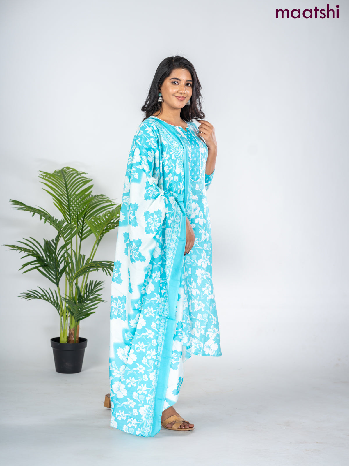 Semi cotton salwar suit light blue and off white with allover floral prints & lace work neck pattern and straight cut pant & dupatta