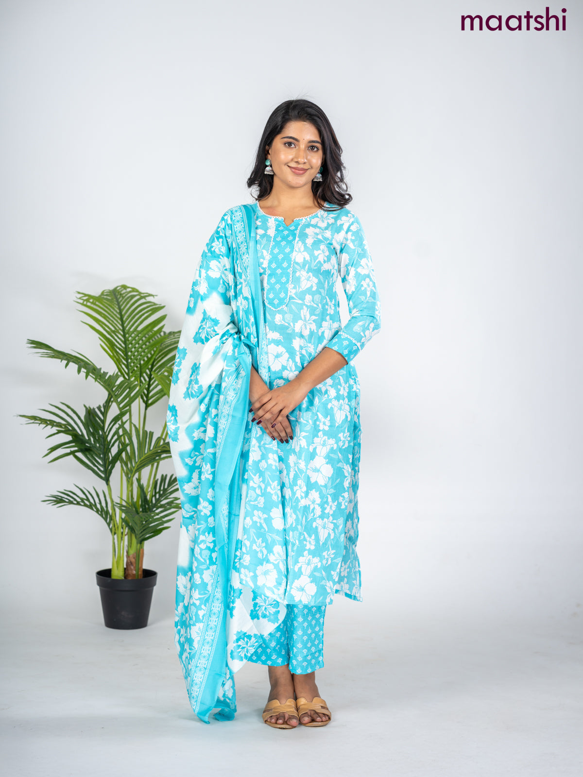 Semi cotton salwar suit light blue and off white with allover floral prints & lace work neck pattern and straight cut pant & dupatta