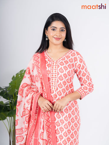 Semi cotton salwar suit off white and peach shade with allover prints & embroidery sequin work v neck pattern and straight cut pant & dupatta