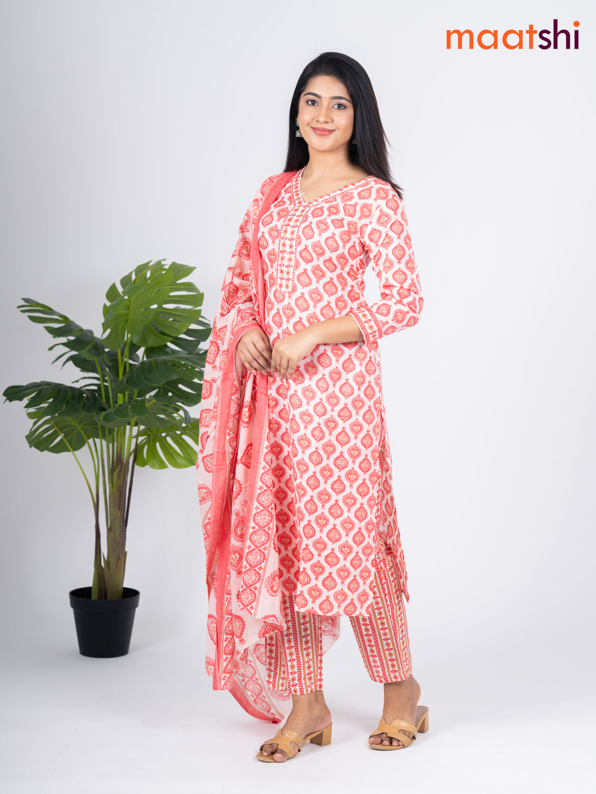 Semi cotton salwar suit off white and peach shade with allover prints & embroidery sequin work v neck pattern and straight cut pant & dupatta
