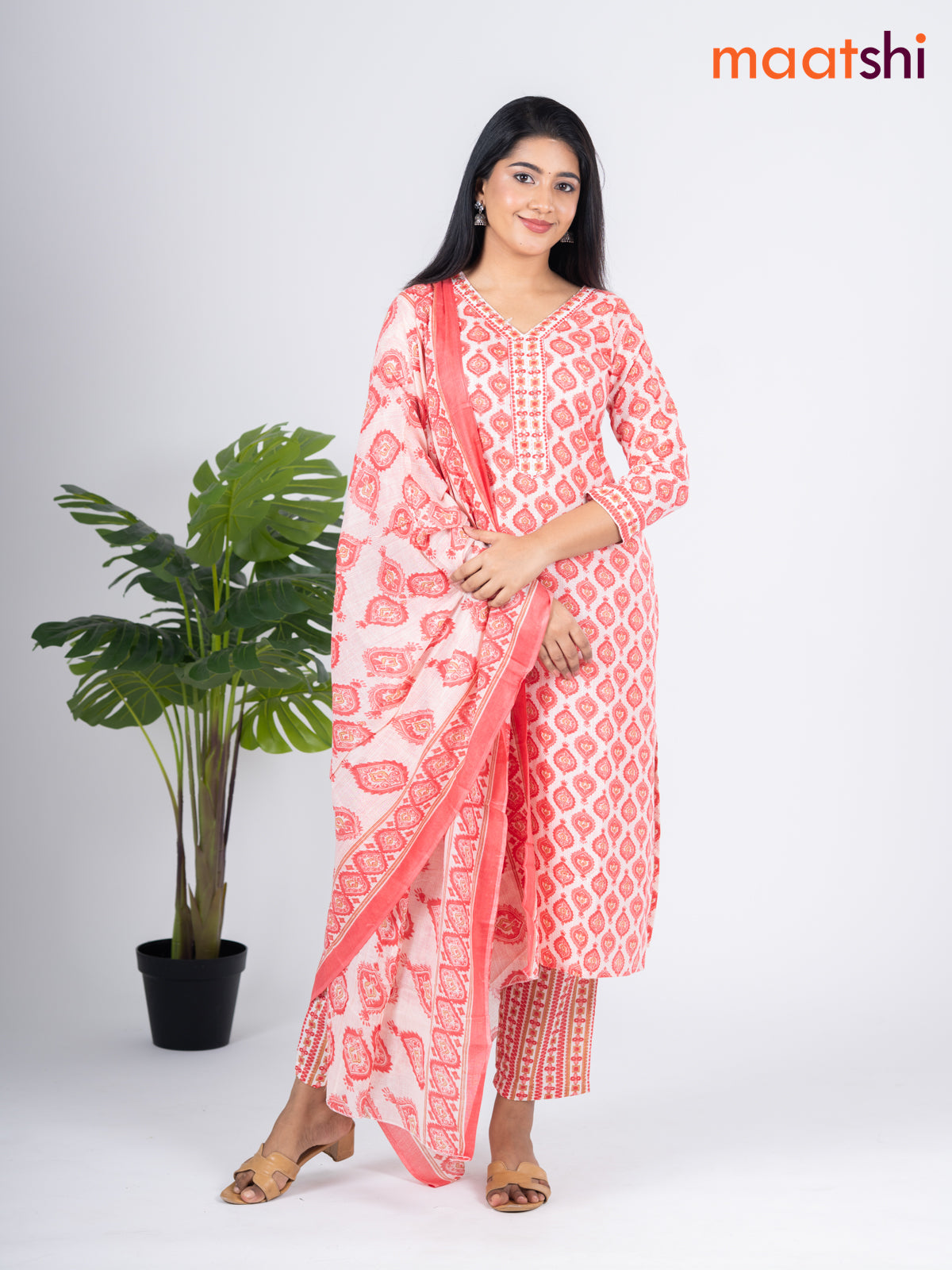 Semi cotton salwar suit off white and peach shade with allover prints & embroidery sequin work v neck pattern and straight cut pant & dupatta