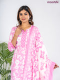Semi cotton salwar suit light pink and off white with allover floral prints & lace work neck pattern and straight cut pant & dupatta