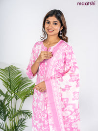 Semi cotton salwar suit light pink and off white with allover floral prints & lace work neck pattern and straight cut pant & dupatta