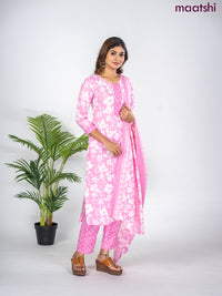 Semi cotton salwar suit light pink and off white with allover floral prints & lace work neck pattern and straight cut pant & dupatta