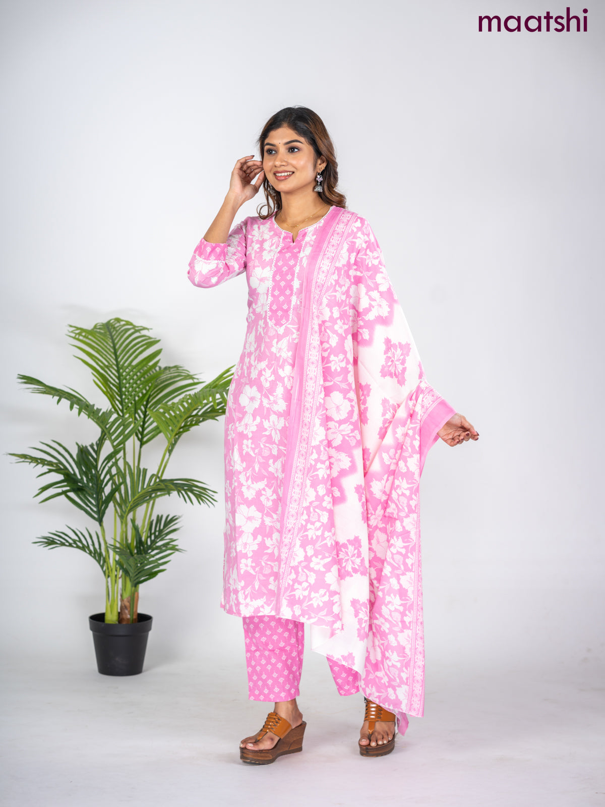 Semi cotton salwar suit light pink and off white with allover floral prints & lace work neck pattern and straight cut pant & dupatta