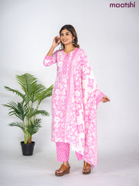 Semi cotton salwar suit light pink and off white with allover floral prints & lace work neck pattern and straight cut pant & dupatta