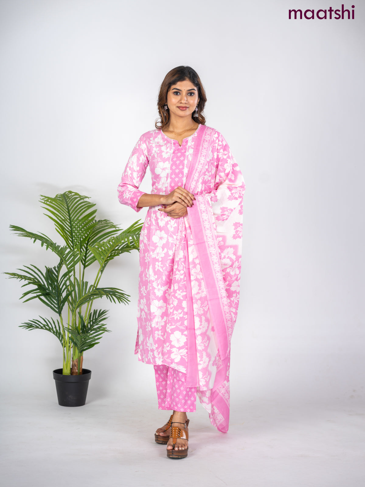Semi cotton salwar suit light pink and off white with allover floral prints & lace work neck pattern and straight cut pant & dupatta