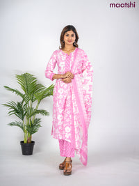 Semi cotton salwar suit light pink and off white with allover floral prints & lace work neck pattern and straight cut pant & dupatta