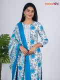 Semi cotton salwar suit off white and blue with allover floral prints & embroidery mirror work neck pattern and straight cut pant & dupatta