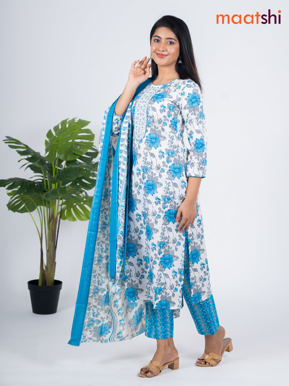 Semi cotton salwar suit off white and blue with allover floral prints & embroidery mirror work neck pattern and straight cut pant & dupatta