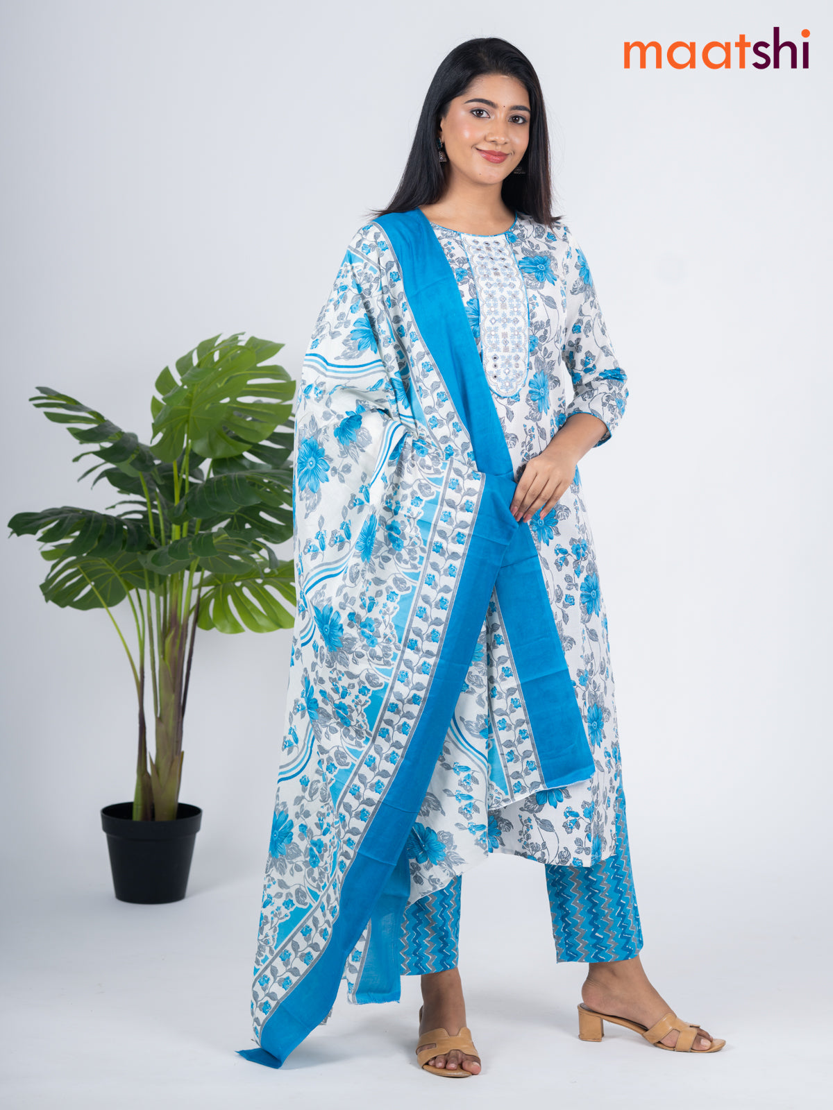 Semi cotton salwar suit off white and blue with allover floral prints & embroidery mirror work neck pattern and straight cut pant & dupatta