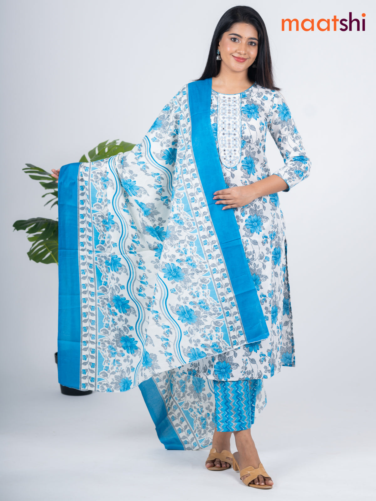 Semi cotton salwar suit off white and blue with allover floral prints & embroidery mirror work neck pattern and straight cut pant & dupatta