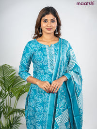 Semi cotton salwar suit teal blue and off white with allover floral prints & embroidery mirror work neck pattern and straight cut pant & dupatta