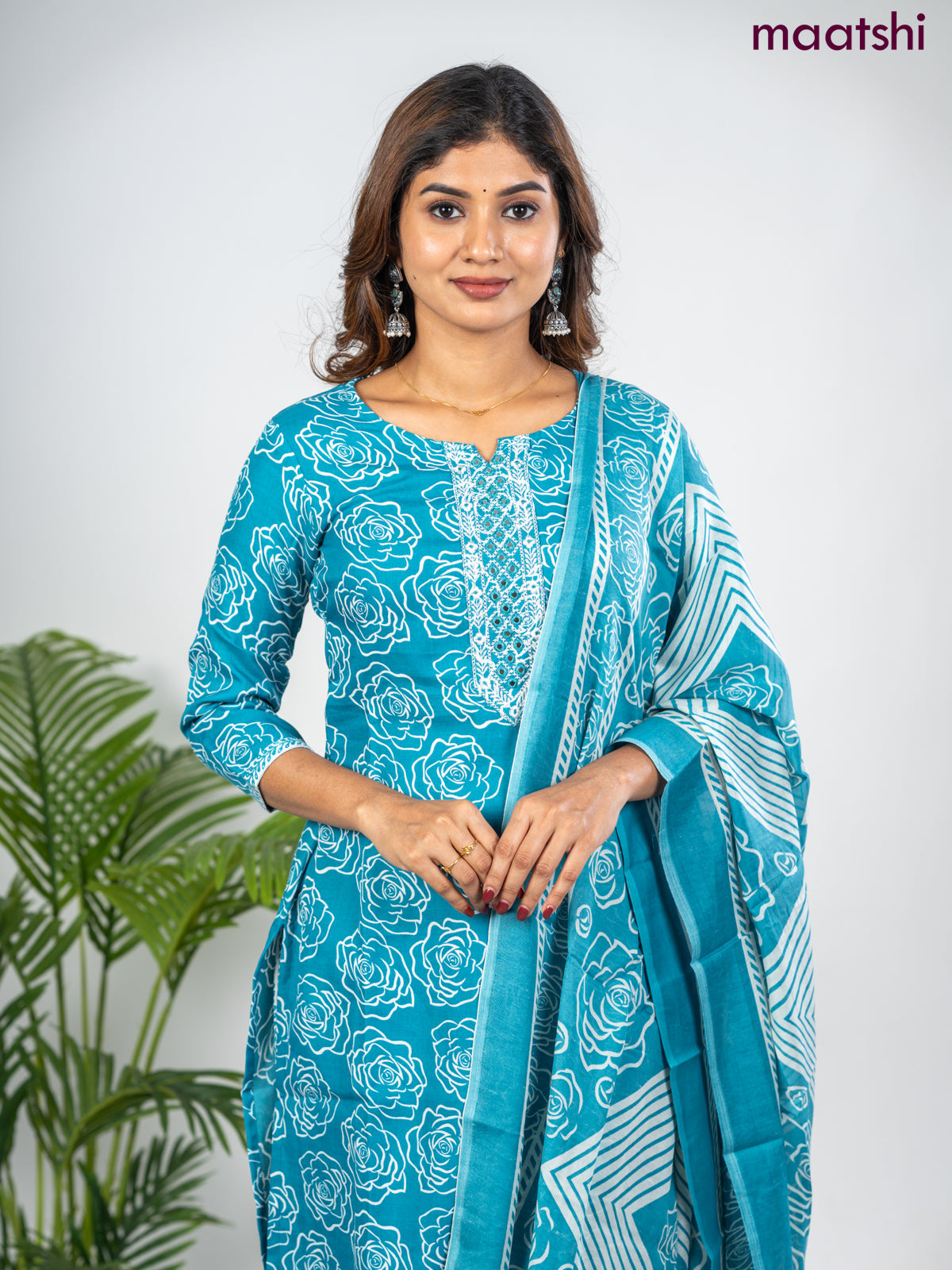 Semi cotton salwar suit teal blue and off white with allover floral prints & embroidery mirror work neck pattern and straight cut pant & dupatta