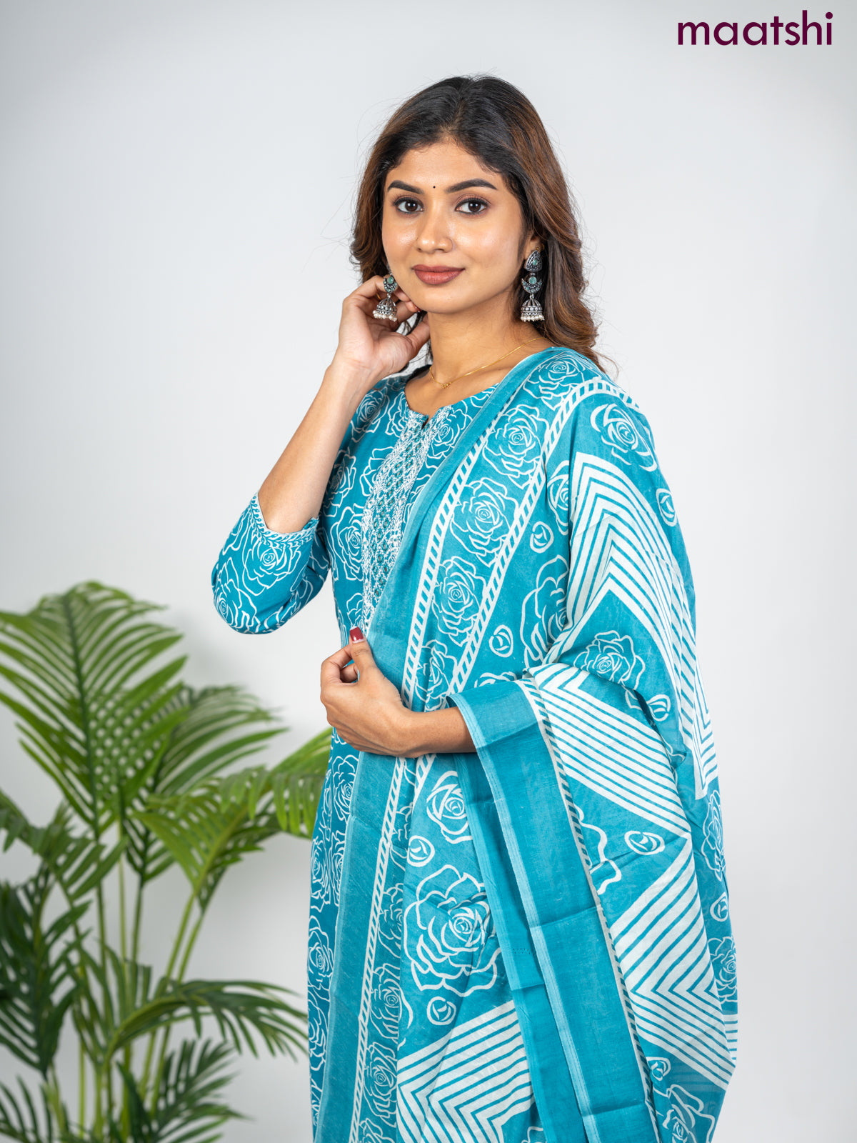 Semi cotton salwar suit teal blue and off white with allover floral prints & embroidery mirror work neck pattern and straight cut pant & dupatta