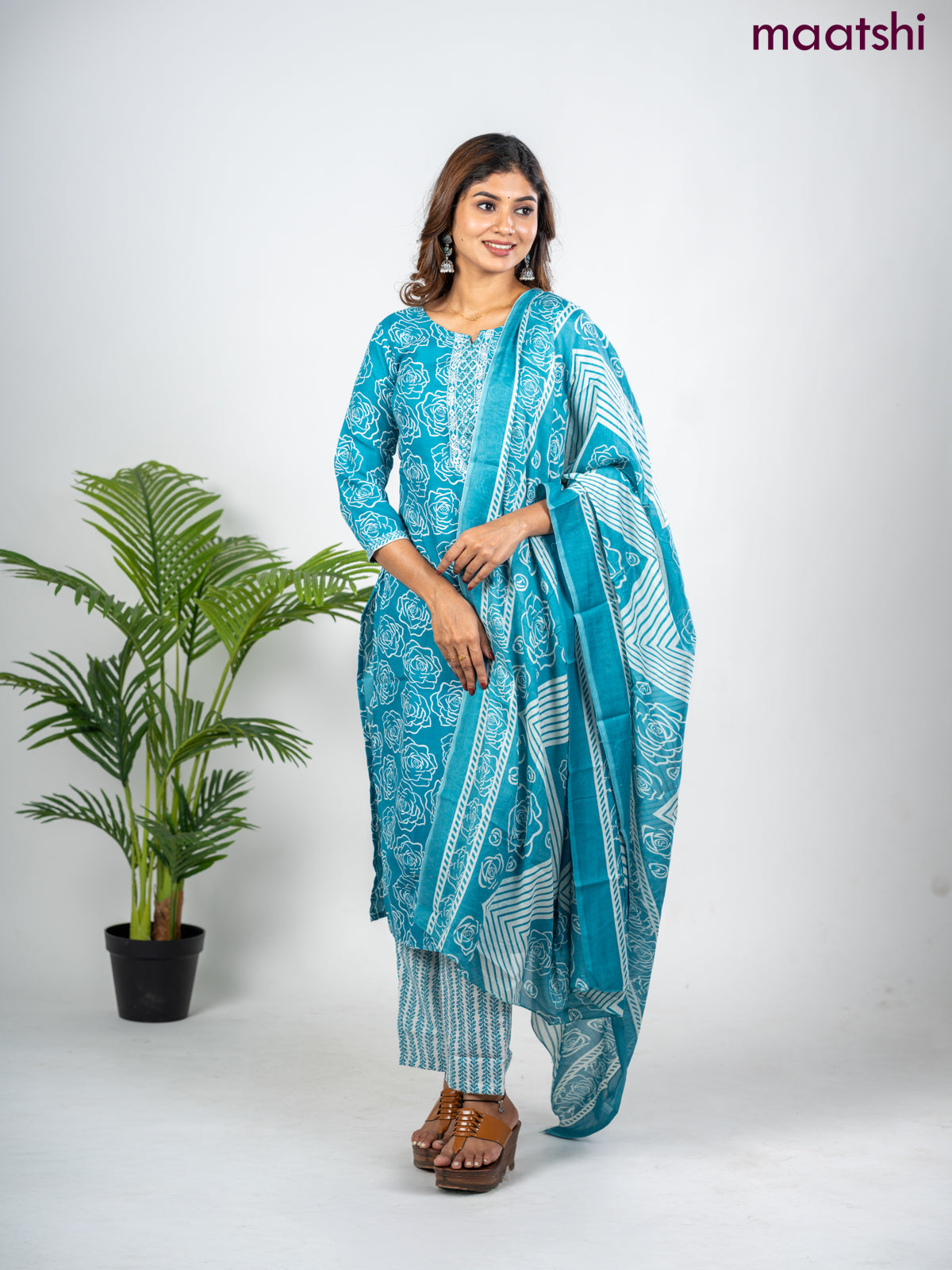 Semi cotton salwar suit teal blue and off white with allover floral prints & embroidery mirror work neck pattern and straight cut pant & dupatta