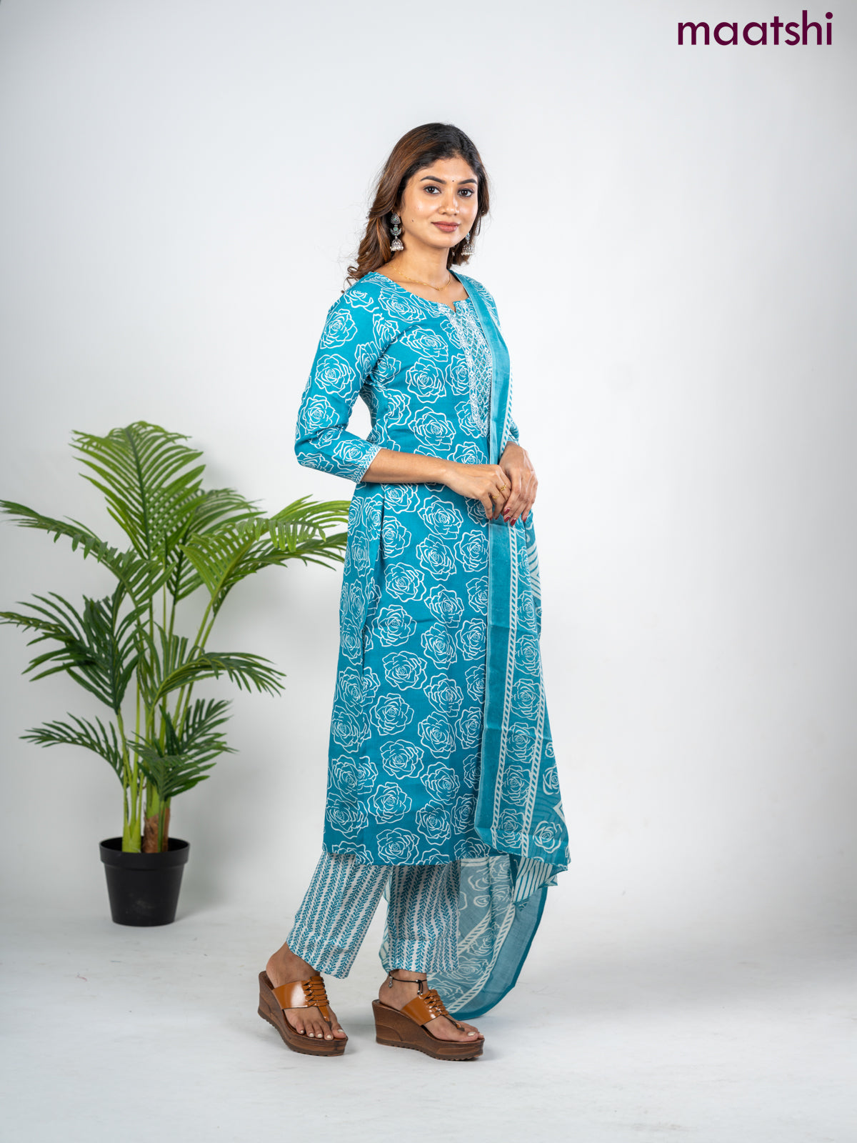 Semi cotton salwar suit teal blue and off white with allover floral prints & embroidery mirror work neck pattern and straight cut pant & dupatta
