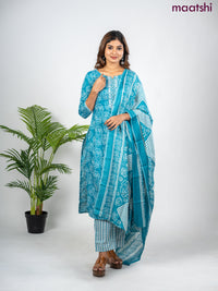 Semi cotton salwar suit teal blue and off white with allover floral prints & embroidery mirror work neck pattern and straight cut pant & dupatta