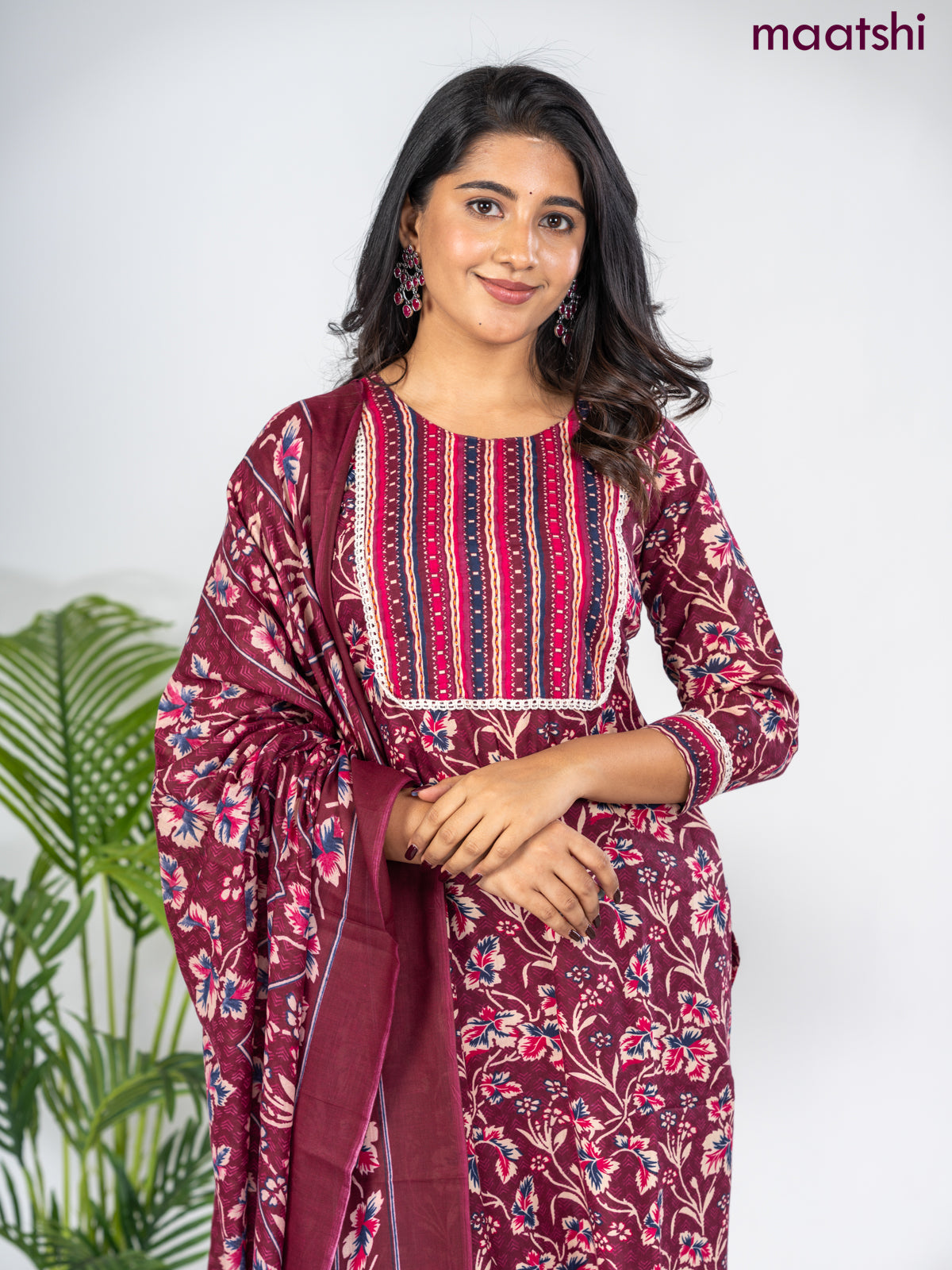 Semi cotton salwar suit maroon with allover floral prints & lace work neck pattern and straight cut pant & dupatta
