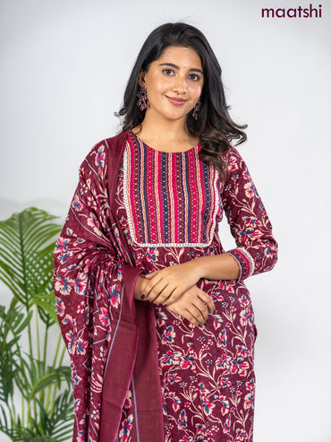 Semi cotton salwar suit maroon with allover floral prints & lace work neck pattern and straight cut pant & dupatta